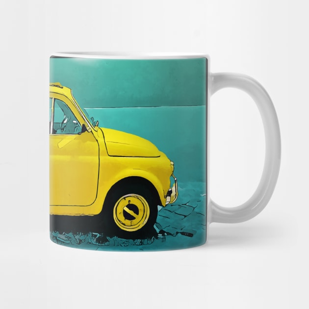 Classic yellow Fiat 500 on an aqua street by CACreative